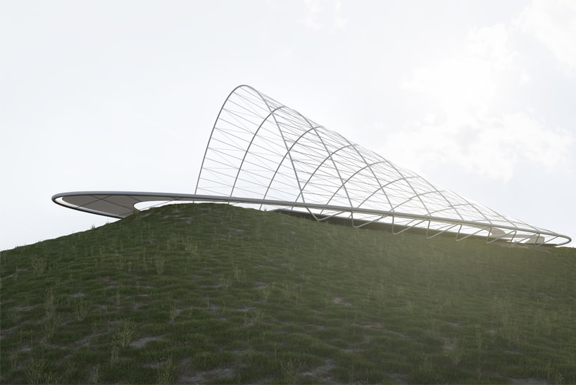 The Ecumenical Center was designed as a light structure standing on the south-west ridge of the park. A massive circular profile beam tops the topography without touching the ground and receives the arcs that covers the ceremony hall. The floor slab leans on tensioned ropes and seems to float a few centimeters above the ground. A arrival square distributes the flow – it’s possible to go through a peripheral path that leads to the prow without disturbing the ecumenical activities on the main hall.