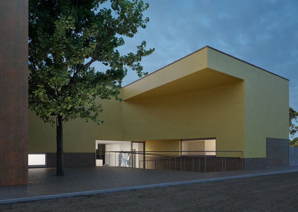 Tanto a figueira existente como o poço foram mantidos na proposta. De caráter mais abstrato, a fachada da travessa Brito de Lacerda revela volumetricamente as relações geométricas que definem as plantas-baixas. Enquanto a linha diagonal sugerida pelo quarto principal da Casa Lacerda encontra seu fim e cobre a leve rampa de acesso ao edifício, a curva abaixo dela que integra a área de exposições ao café empresta dramaticidade ao volume final. Generosas faixas de pedra no embasamento facilitam a limpeza da fachada, garantindo o bom aspecto da edificação ao longo do tempo.