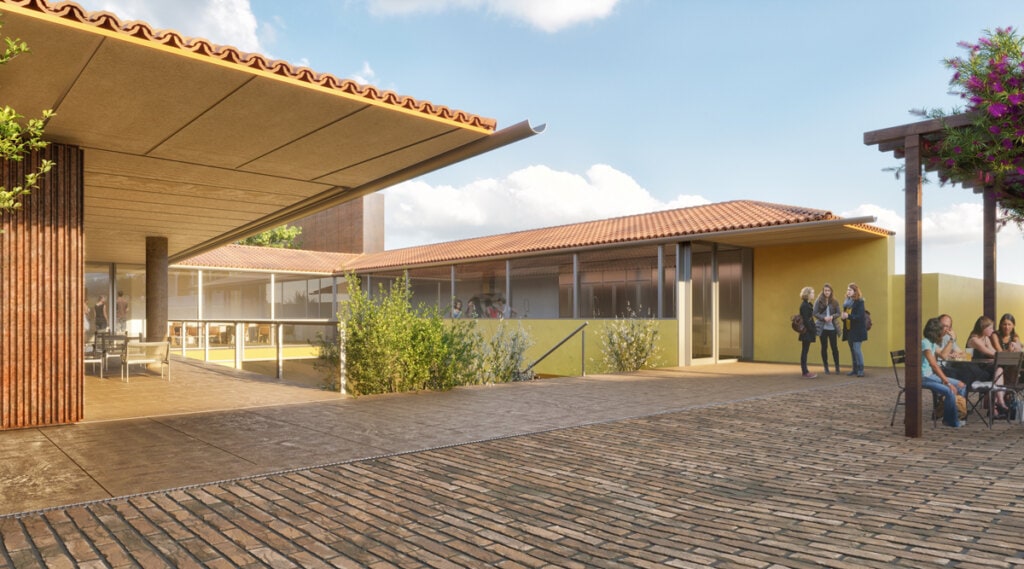 A Varanda oferece-se como opção de acesso ao edifício anexo. Em dias de frio, ela pode ser fechada por um portão acumulado à esquerda na imagem e por toldos retráteis voltados para o pátio interno. A cozinha e a fachada do café também contam com toldos externos retráteis para minimização do ofuscamento e da incidência solar. Em dias amenos, pode-se ter uma integração visual total.