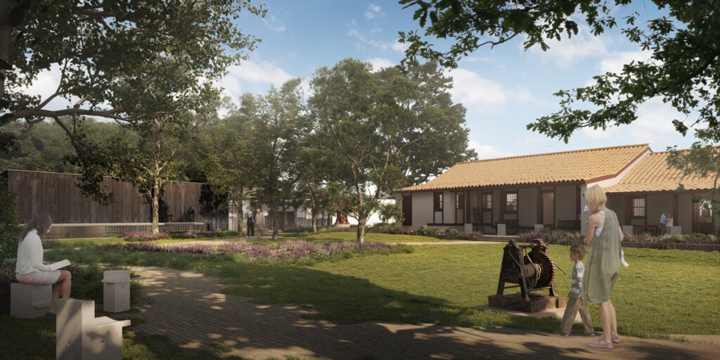 O Jardim da Casa da Feitoria mantém seu papel complementar à edificação. Desenhado com elementos singelos, oferece um passeio com zonas de sombra e um amplo gramado que tem vocação para se tornar um ponto de encontro do bairro.