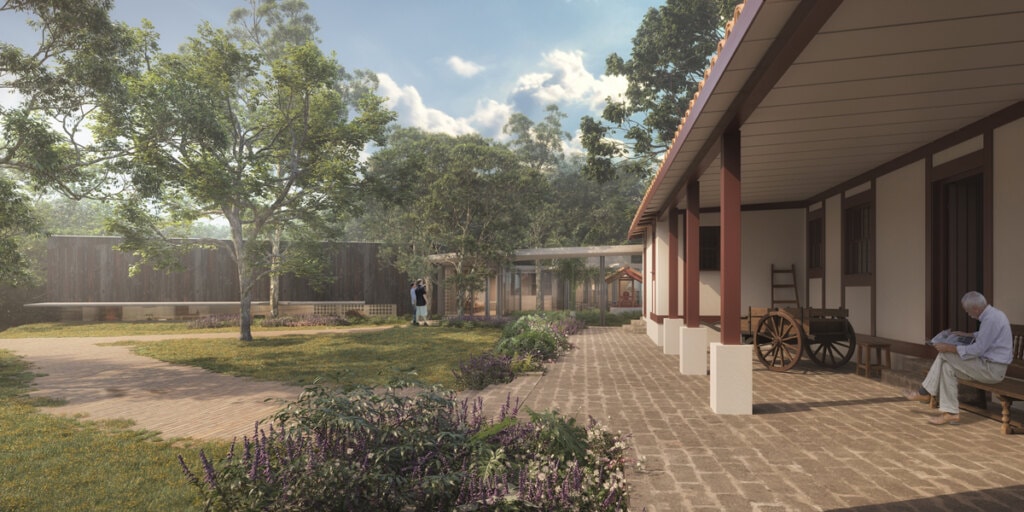 The new architecture harmonizes with the Casa da Feitoria and the trees found there, forming a cohesive whole with the simple, historic garden.