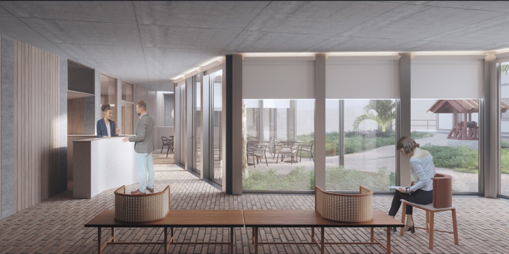 The section of the façade with the greatest transparency is made possible by the shade of the treetops and guarantees an abundant visual connection with the Casa da Feitoria.