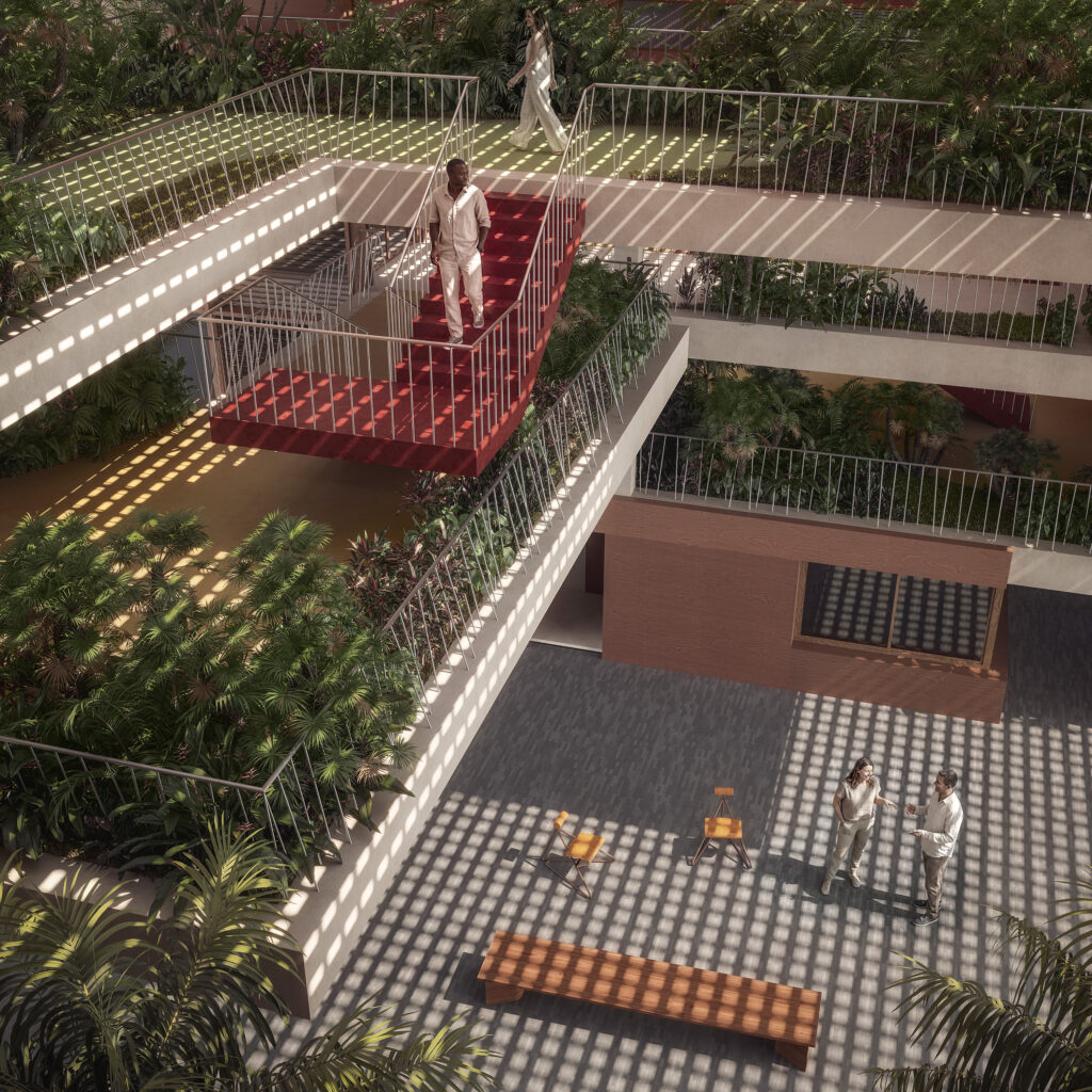 The connecting walkways between the blocks expand the social areas and promote integration among staff and users.