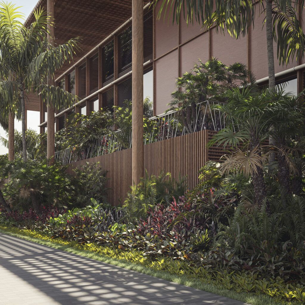 The landscape design highlights the Amazonian context and local culture, with a predominance of native species adapted to the biome.