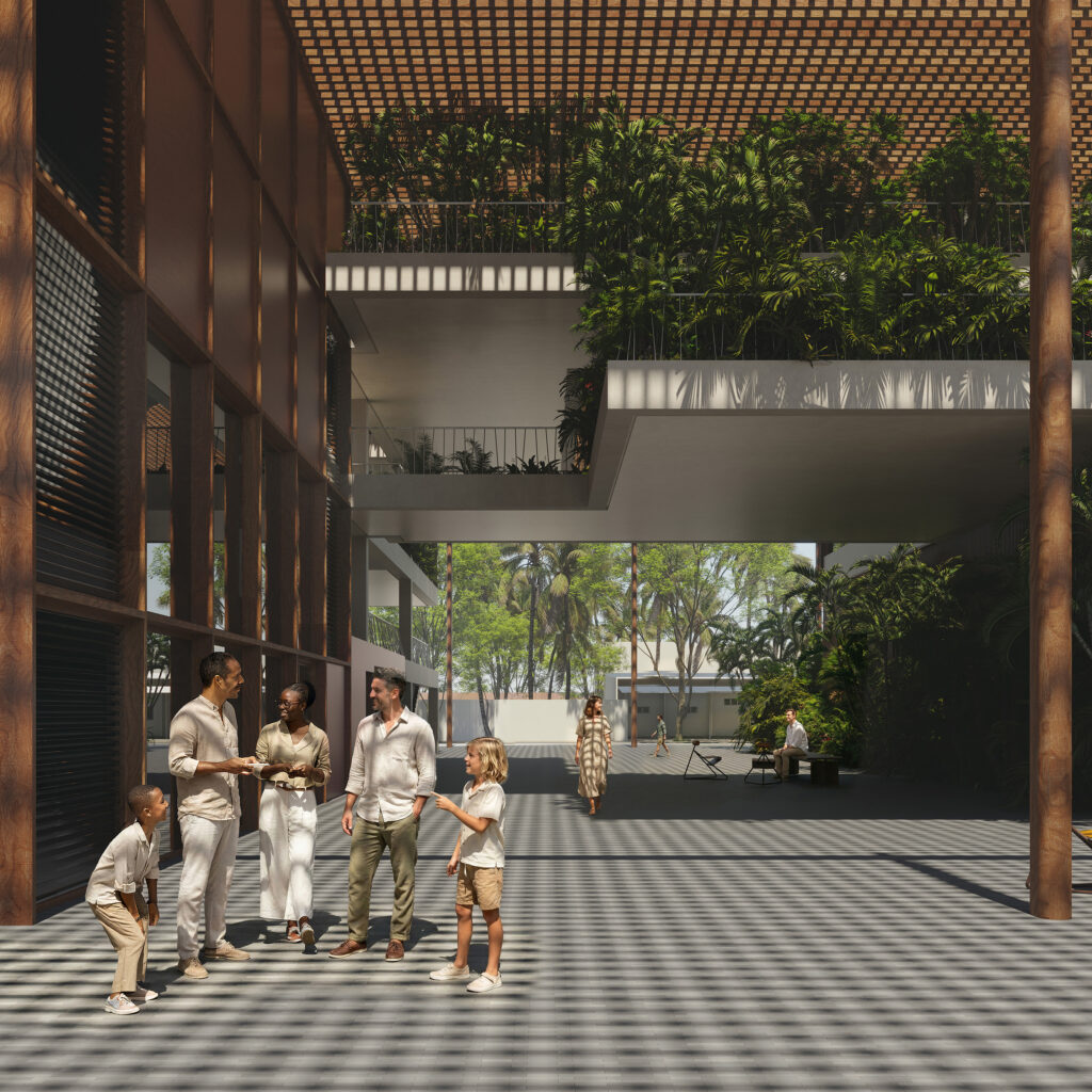 The ground floor is permeable, organizing access and circulation flows for each user group.