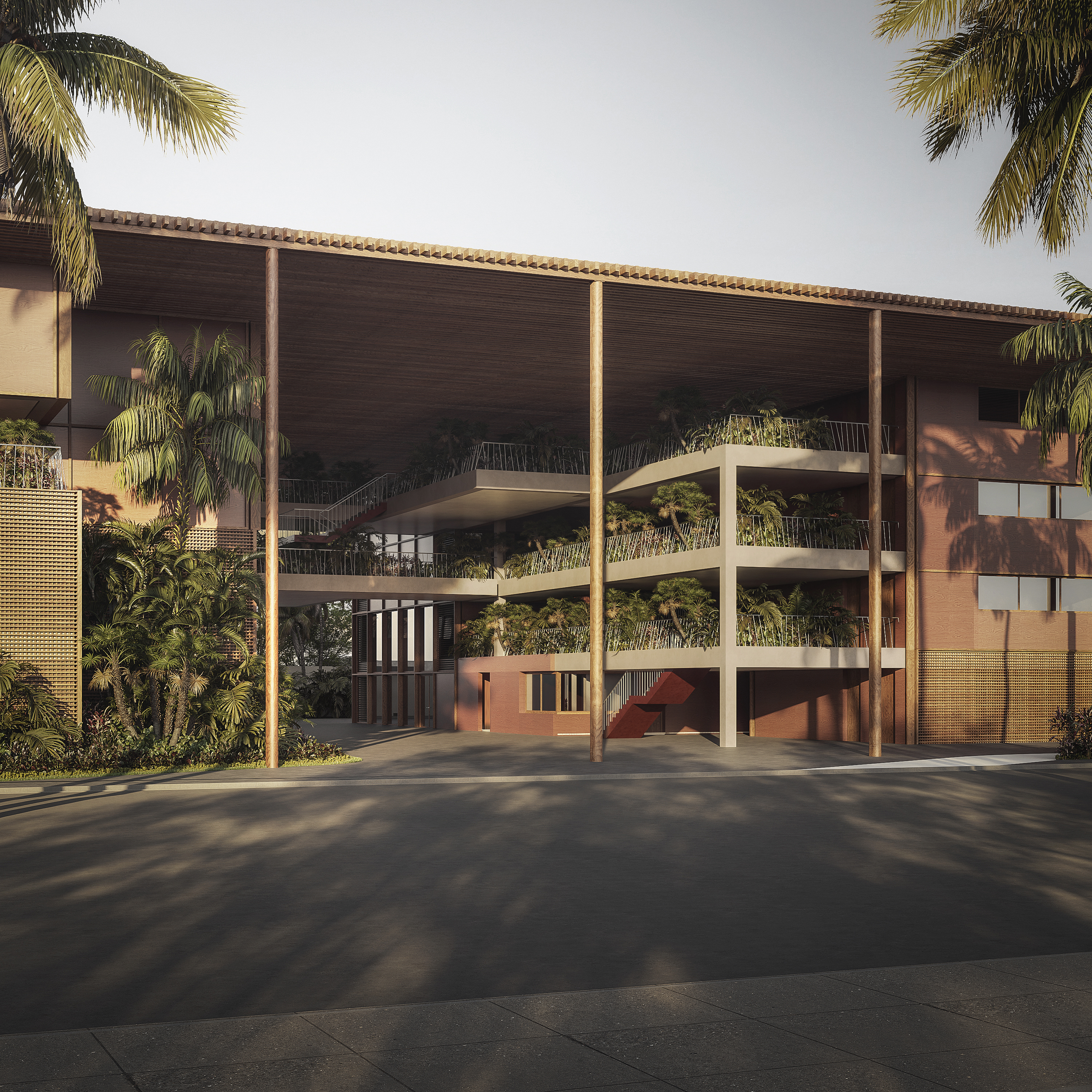 The public atrium is structured around a central plaza, protected by a large roof that shelters all programmatic functions.