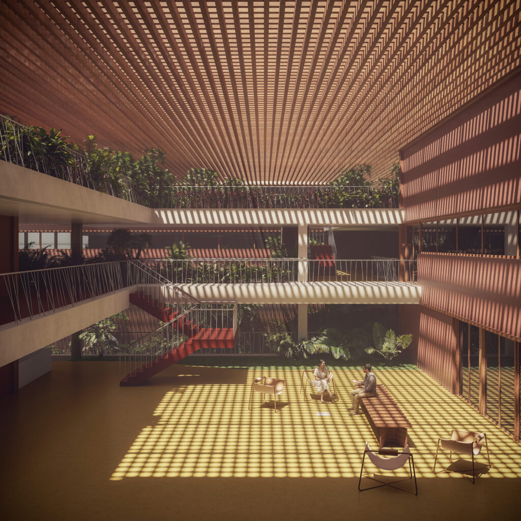 Cross-ventilation and shading constitute the main passive cooling strategy, enabled by an extensive timber beam roof that provides continuous shade and allows constant airflow.