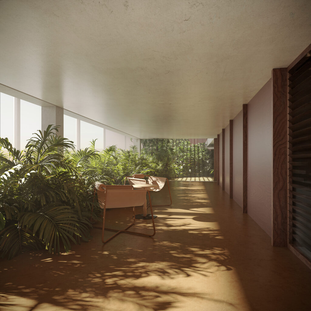 Landscape elements extend across all floors, promoting an immersive experience and a sense of being within a forest.