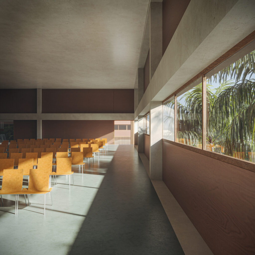 The project adopts Nature-Based Solutions through materials and principles inspired by Amazonian processes, highlighting the extensive use of timber.