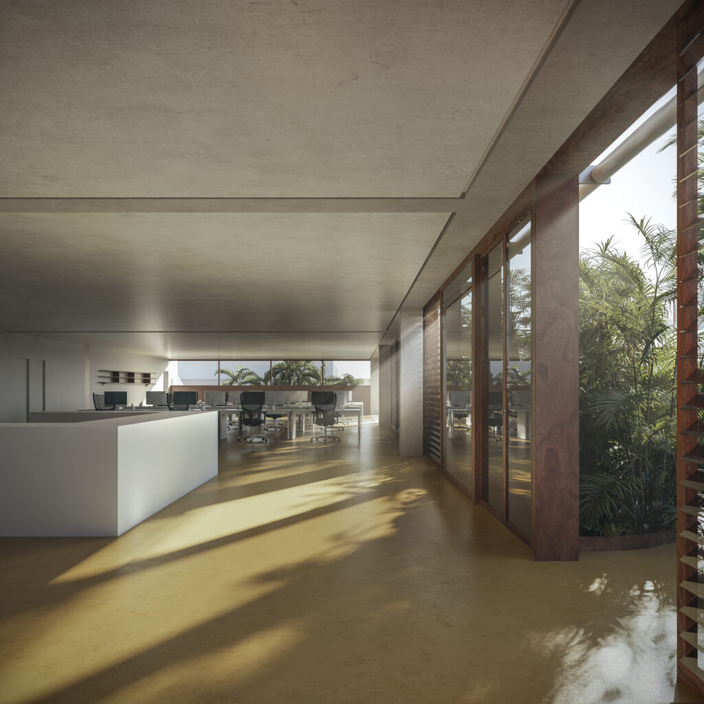 Timber enclosures combined with vegetation form a shading layer that reduces solar radiation on the façades.