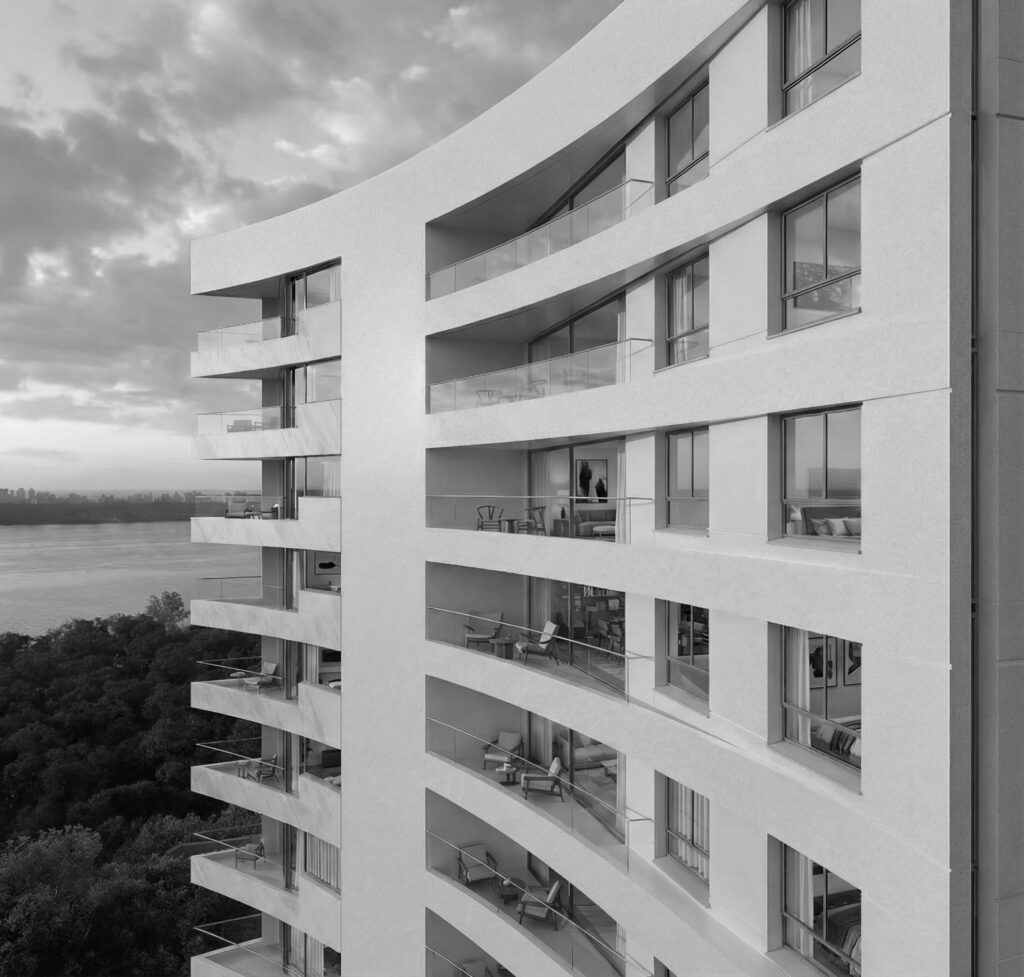 Privileged views, ventilation, and solar exposure enhance the quality of the residential units.