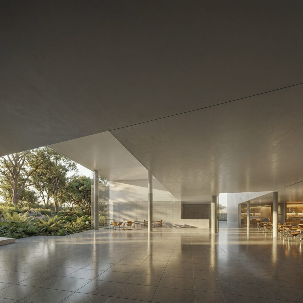 Between the retail units, the open space beneath the large roof frames privileged views.