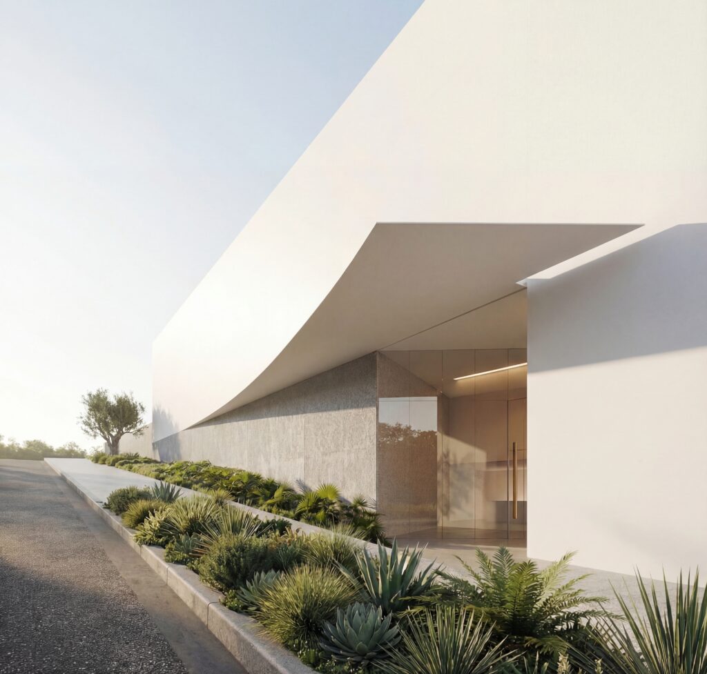 The residential tower features a dedicated entrance from the street at the rear of the complex.